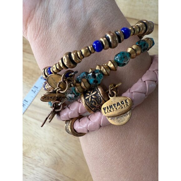 Alex & Ani Set Of 3 Memory Wire & Beaded Bracelets With Pink Braided Leather Tur - Picture 7 of 9